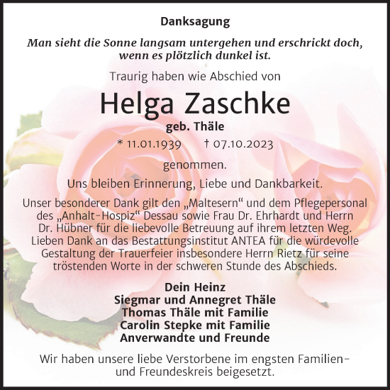 Traueranzeige von Helga Zaschke von Trauerkombi Dessau