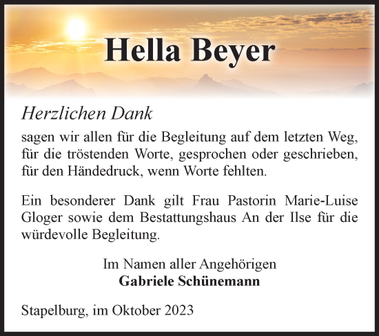 Traueranzeige von Hella Beyer von Volksstimme Wernigerode