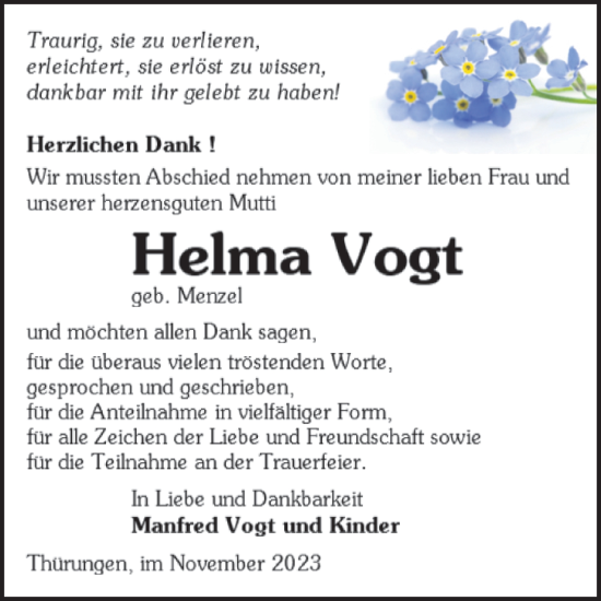 Traueranzeige von Helma Vogt von Trauerkombi Sangerhausen