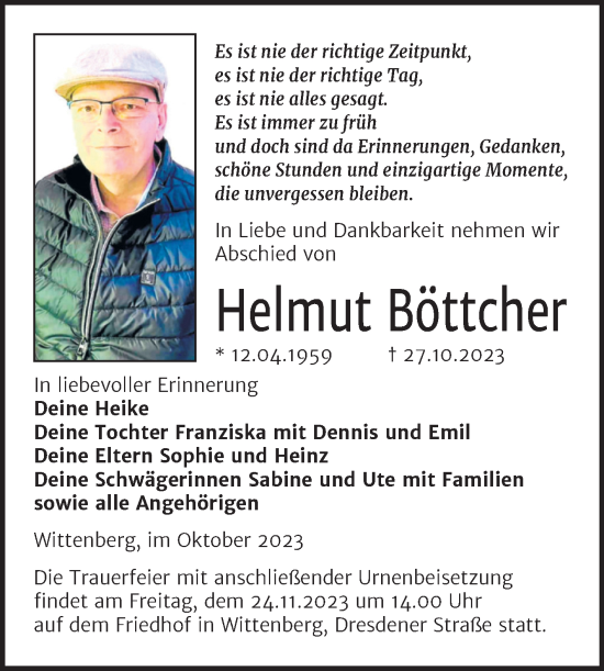 Traueranzeige von Helmut Böttcher von Trauerkombi Wittenberg