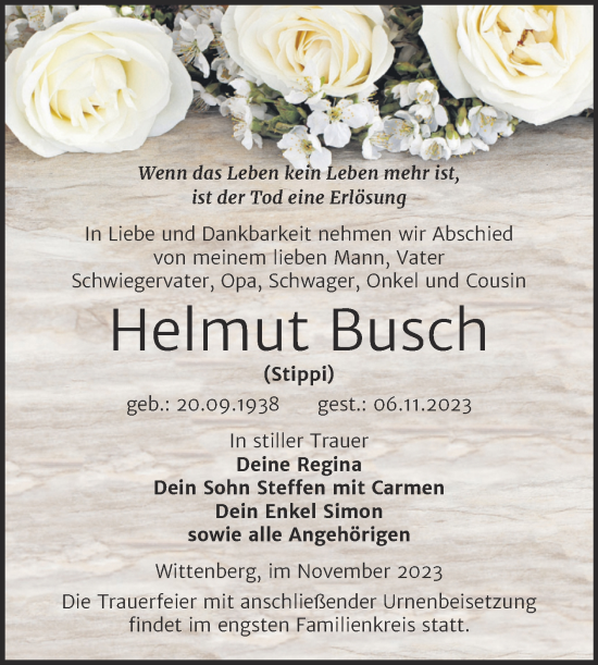 Traueranzeige von Helmut Busch von Trauerkombi Wittenberg