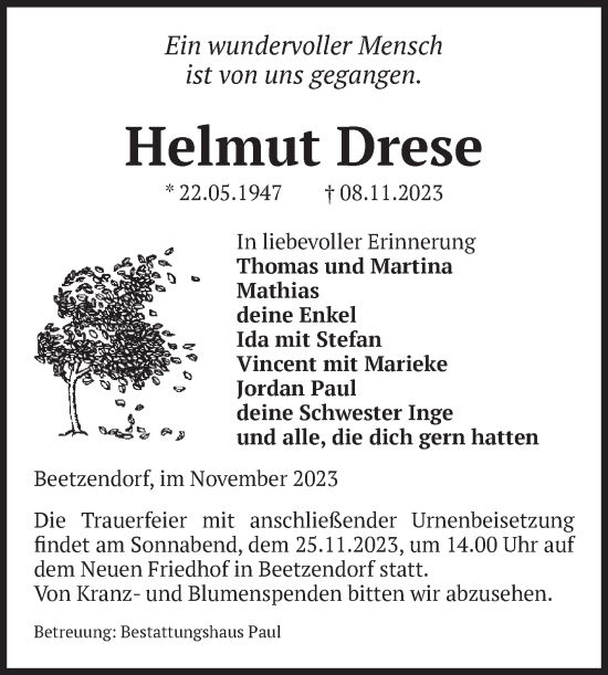 Traueranzeige von Helmut Drese von Volksstimme Altmark West