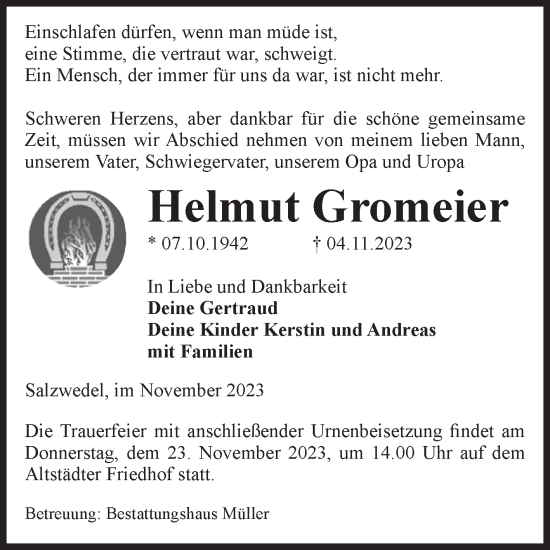 Traueranzeige von Helmut Gromeier von Volksstimme Altmark West