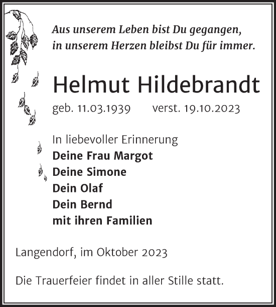Traueranzeige von Helmut Hildebrandt von Trauerkombi Weißenfels