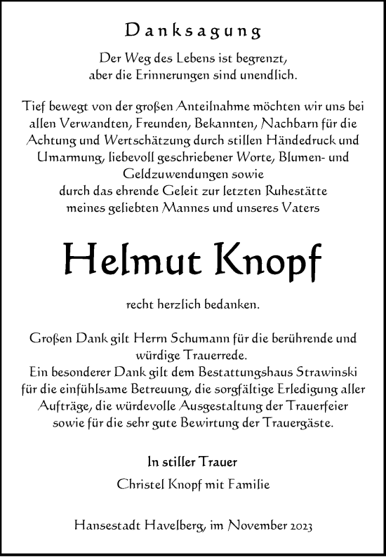 Traueranzeige von Helmut Knopf von Volksstimme Altmark Ost
