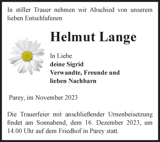 Traueranzeige von Helmut Lange von Volksstimme Burg/Genthin