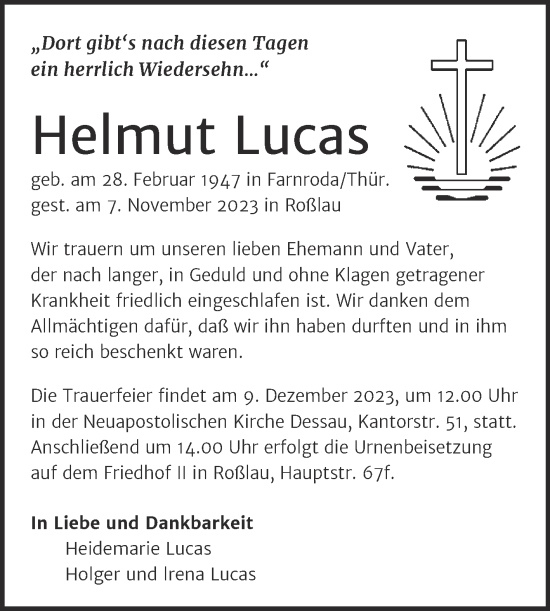 Traueranzeige von Helmut Lucas von Trauerkombi Dessau