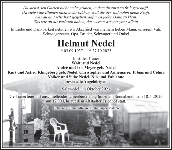 Traueranzeige von Helmut Nedel von Volksstimme Altmark West