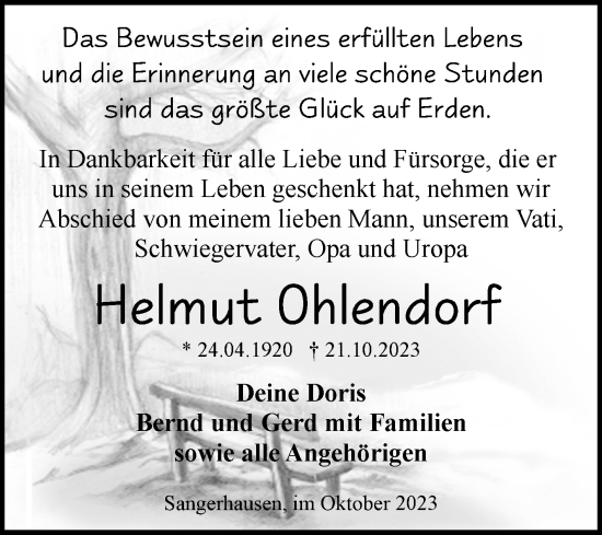 Traueranzeige von Helmut Ohlendorf von Trauerkombi Sangerhausen