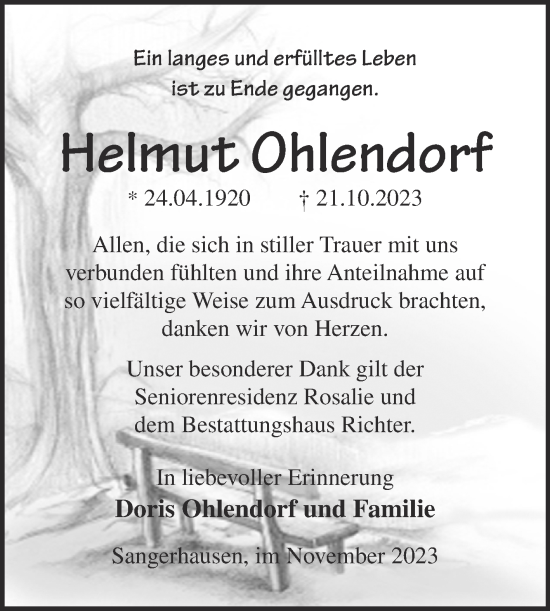 Traueranzeige von Helmut Ohlendorf von Trauerkombi Sangerhausen