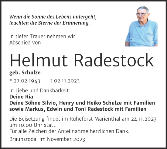 Traueranzeige von Helmut Radestock von Wochenspiegel Naumburg/Nebra