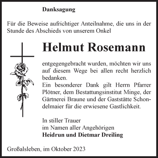 Traueranzeige von Helmut Rosemann von Volksstimme Oschersleben/Wanzleben