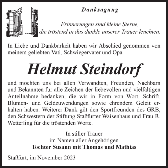Traueranzeige von Helmut Steindorf von Volksstimme Staßfurt