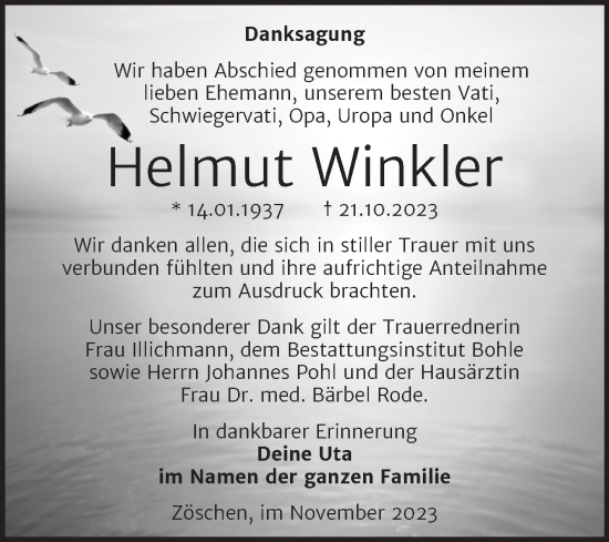 Traueranzeige von Helmut Winkler von Trauerkombi Merseburg
