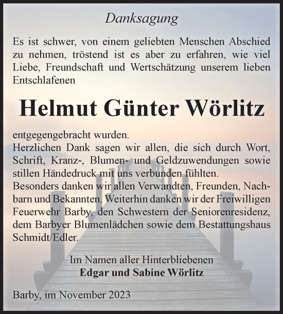 Traueranzeige von Helmut Günter Wörlitz von Volksstimme Schönebeck