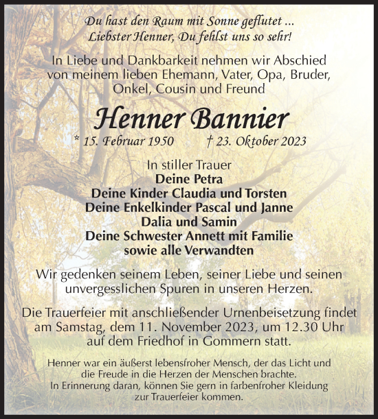 Traueranzeige von Henner Bannier von Volksstimme Burg/Genthin