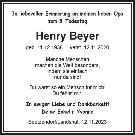 Traueranzeige von Henry Beyer von Volksstimme Altmark West