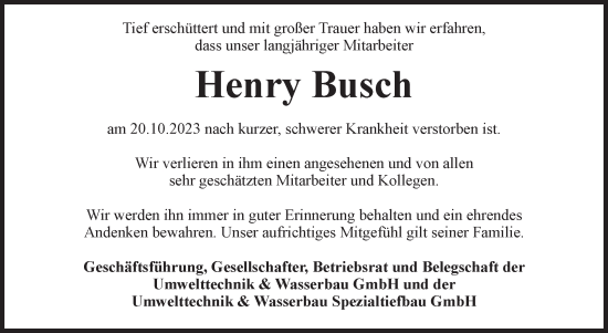 Traueranzeige von Henry Busch von Mitteldeutsche Zeitung Quedlingburg