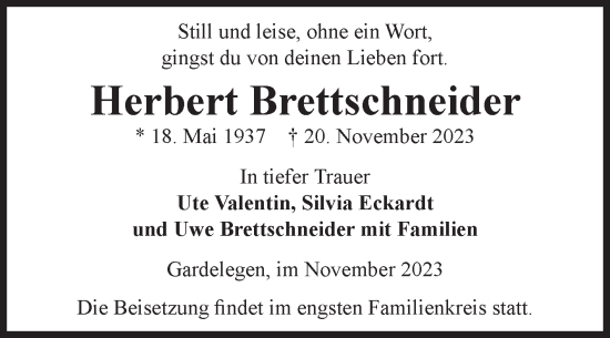 Traueranzeige von Herbert Brettschneider von Volksstimme Altmark West