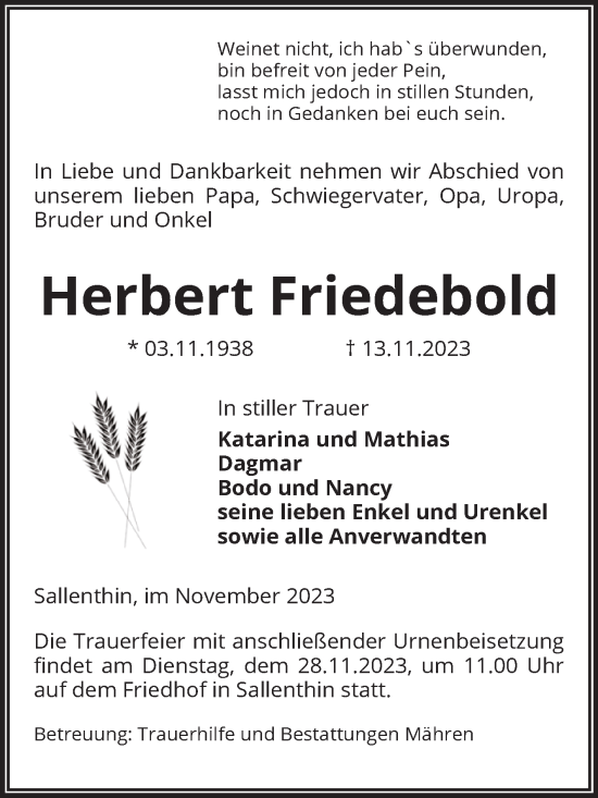 Traueranzeige von Herbert Friedebold von Volksstimme Altmark West