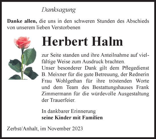 Traueranzeige von Herbert Halm von Volksstimme Zerbst