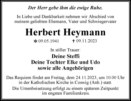 Traueranzeige von Herbert Heymann von Trauerkombi Wittenberg