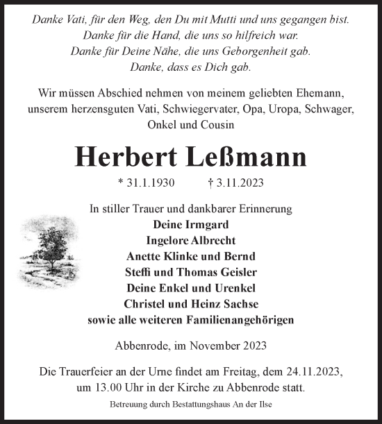 Traueranzeige von Herbert Leßmann von Volksstimme Wernigerode