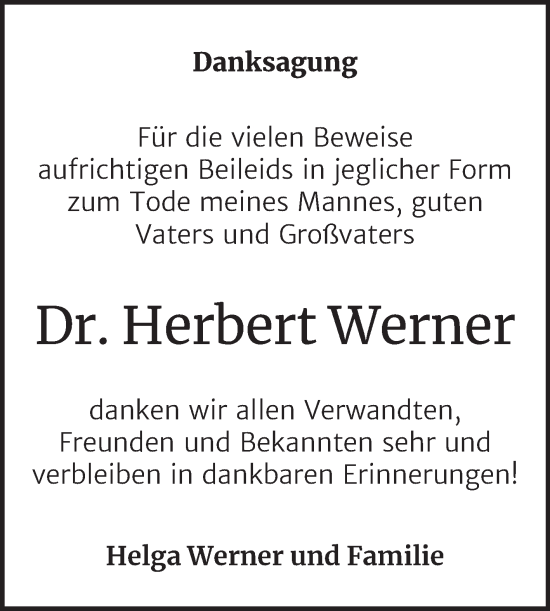 Traueranzeige von Herbert Werner von Volksstimme Staßfurt