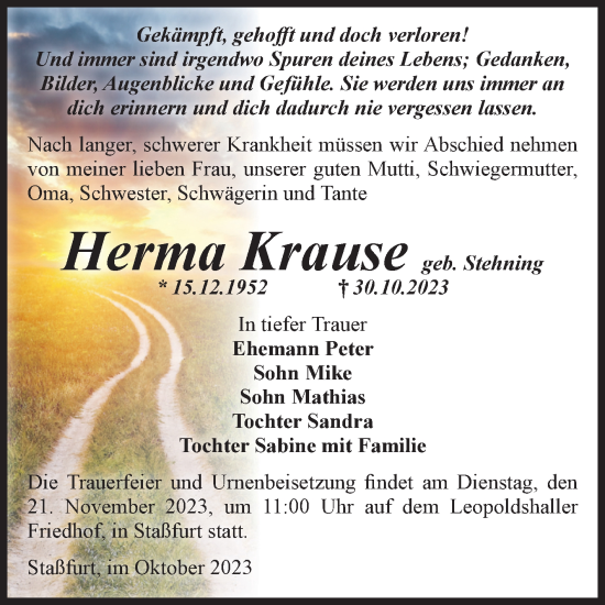 Traueranzeige von Herma Krause von Volksstimme Staßfurt