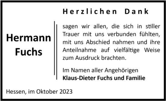 Traueranzeige von Hermann Fuchs von Volksstimme Halberstadt