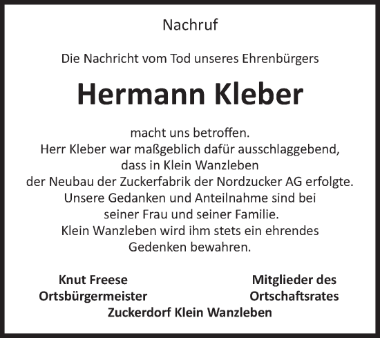 Traueranzeige von Hermann Kleber von Volksstimme Oschersleben/Wanzleben