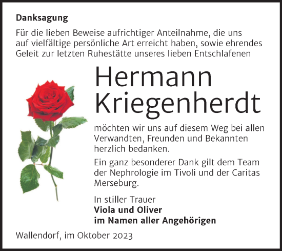 Traueranzeige von Hermann Kriegenherdt von Trauerkombi Merseburg
