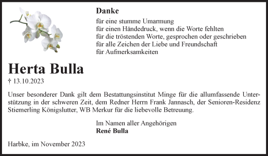 Traueranzeige von Herta Bulla von Volksstimme Oschersleben/Wanzleben