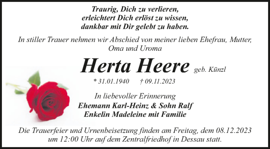 Traueranzeige von Herta Heere von Trauerkombi Dessau