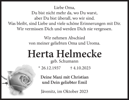 Traueranzeige von Herta Helmecke von Volksstimme Altmark West