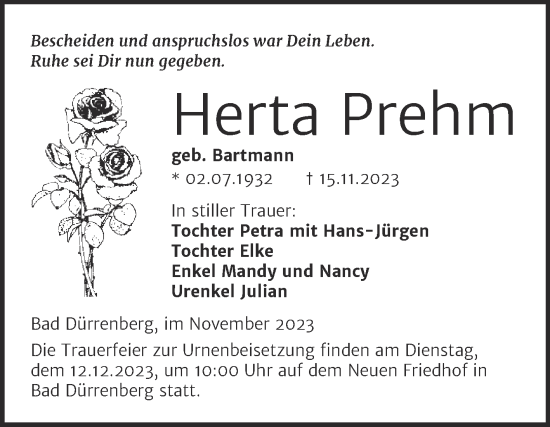 Traueranzeige von Herta Prehm von Trauerkombi Merseburg