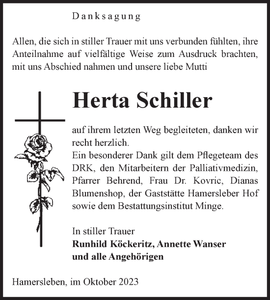 Traueranzeige von Herta Schiller von Volksstimme Oschersleben/Wanzleben