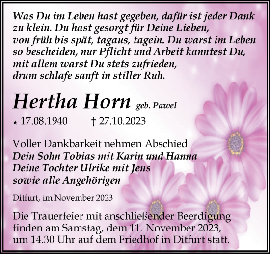 Traueranzeige von Hertha Horn von Trauerkombi Quedlinburg