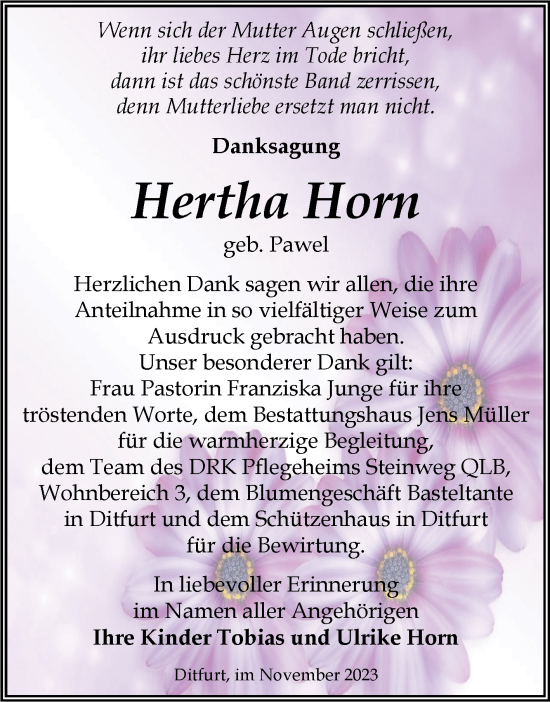 Traueranzeige von Hertha Horn von Trauerkombi Quedlinburg