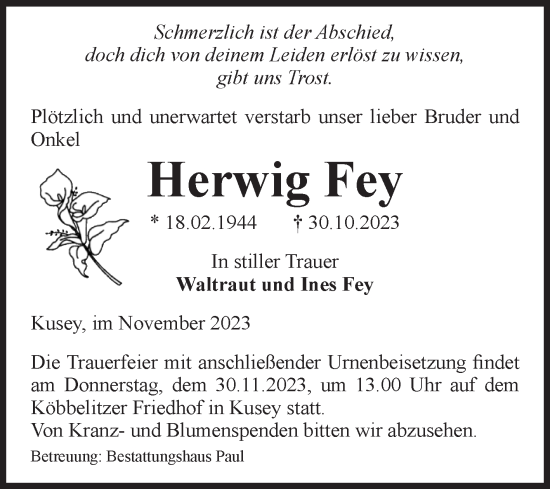 Traueranzeige von Herwig Fey von Volksstimme Altmark West