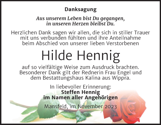 Traueranzeige von Hilde Hennig von Trauerkombi Mansfelder Land