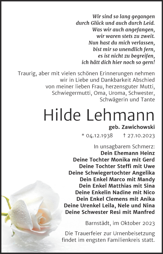 Traueranzeige von Hilde Lehmann von Trauerkombi Merseburg