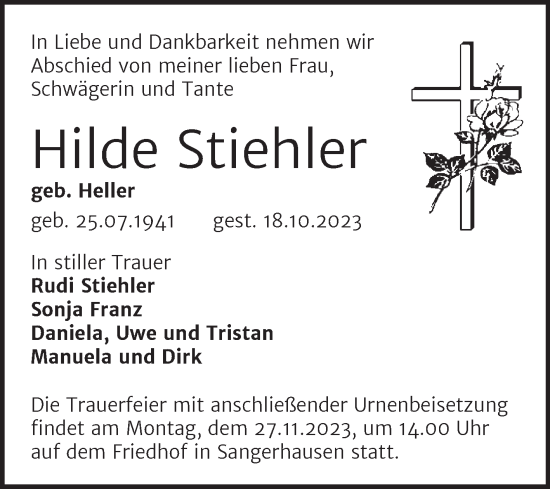 Traueranzeige von Hilde Stiehler von Trauerkombi Sangerhausen