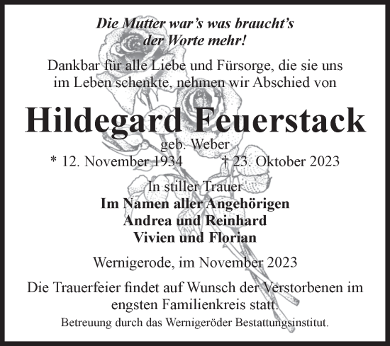 Traueranzeige von Hildegard Feuerstack von Volksstimme Wernigerode