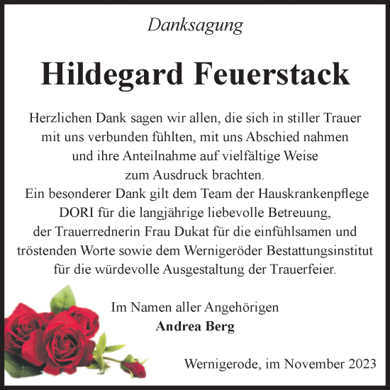 Traueranzeige von Hildegard Feuerstack von Volksstimme Wernigerode