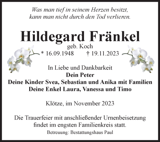 Traueranzeige von Hildegard Fränkel von Volksstimme Altmark West