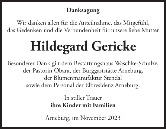 Traueranzeige von Hildegard Gericke von Volksstimme Altmark Ost