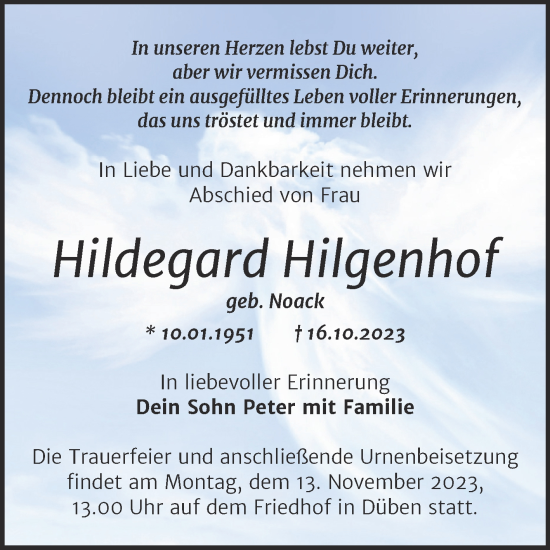 Traueranzeige von Hildegard Hilgenhof von Trauerkombi Wittenberg