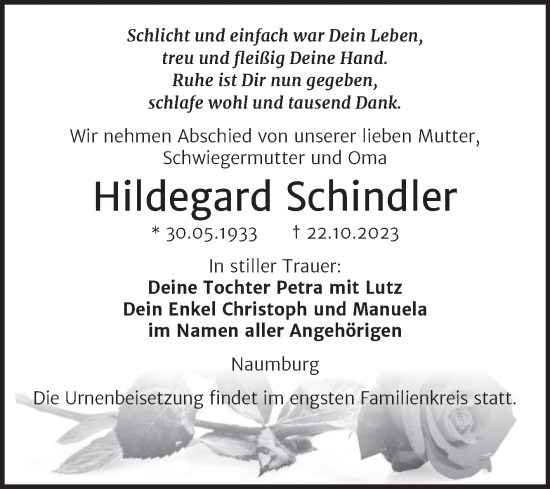 Traueranzeige von Hildegard Schindler von Wochenspiegel Naumburg/Nebra