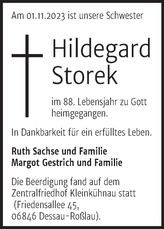 Traueranzeige von Hildegard Storek von Super Sonntag Dessau-Roßlau